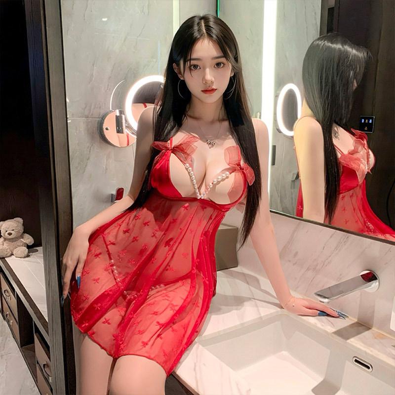 Sex Underwear Pure Desire Pearl Perspective Suspender Nightdress Sexy Lace Print No-take Pajamas Seduce Women