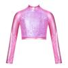 Kids Girls High Neck Glitter Crop Top Metallic Long Sleeve T-Shirt Ballet Dance Leotard Gymnastics Performance