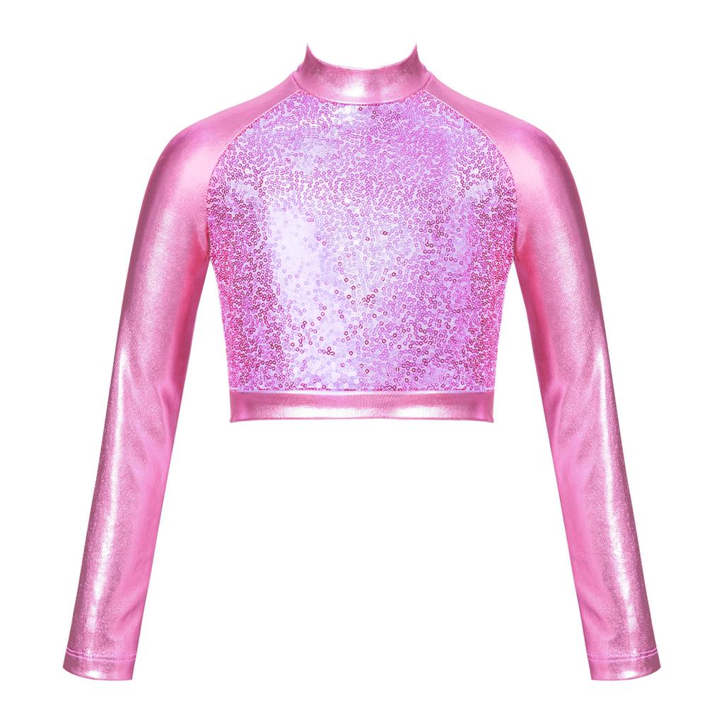 Kids Girls High Neck Glitter Crop Top Metallic Long Sleeve T-Shirt Ballet Dance Leotard Gymnastics Performance