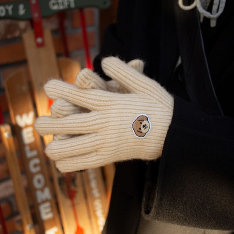 SNOOZY Embroidered Wappen Knit Fingerhole Gloves - Brown Poodle