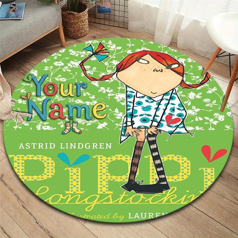 Pippi Longstocking Custom Name Round Area Rug,Carpet Rug for Living Room Bedroom Sofa Playroom Decor,Non-slip Floor Mat