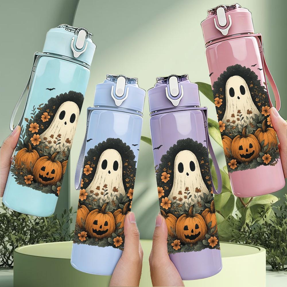 1PC Pumpkin Halloween Ghost 750ml Color Plastic Sports Water Bottle Leakproof Flip Straw Lid Suitable for Sports Office Home Use