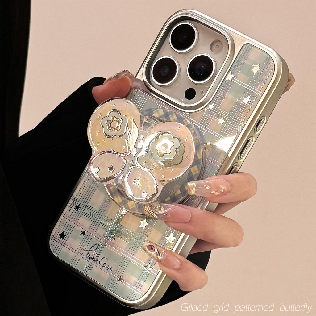 Gilded Suitable for Iphone15 Apple 16promax Mobile Phone Case Rotating Bow Magnetic Bracket 14 Plaid 13