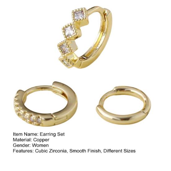 3 buc/set Set de cercei diferite forme din zirconiu cubic cu finisaj neted Cercei huggie cercei cu cerc rotund din cupru auriu pentru bal de intalniri zilnice