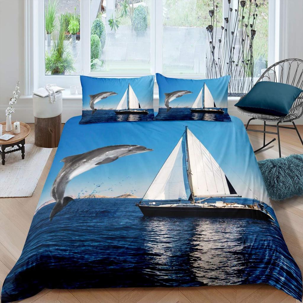 Kid Dolphin Duvet Cover Set King Size Cute Dolphin Marine Life Comforter Cover Microfiber Blue Wave Decor Quilt Cover For Teens