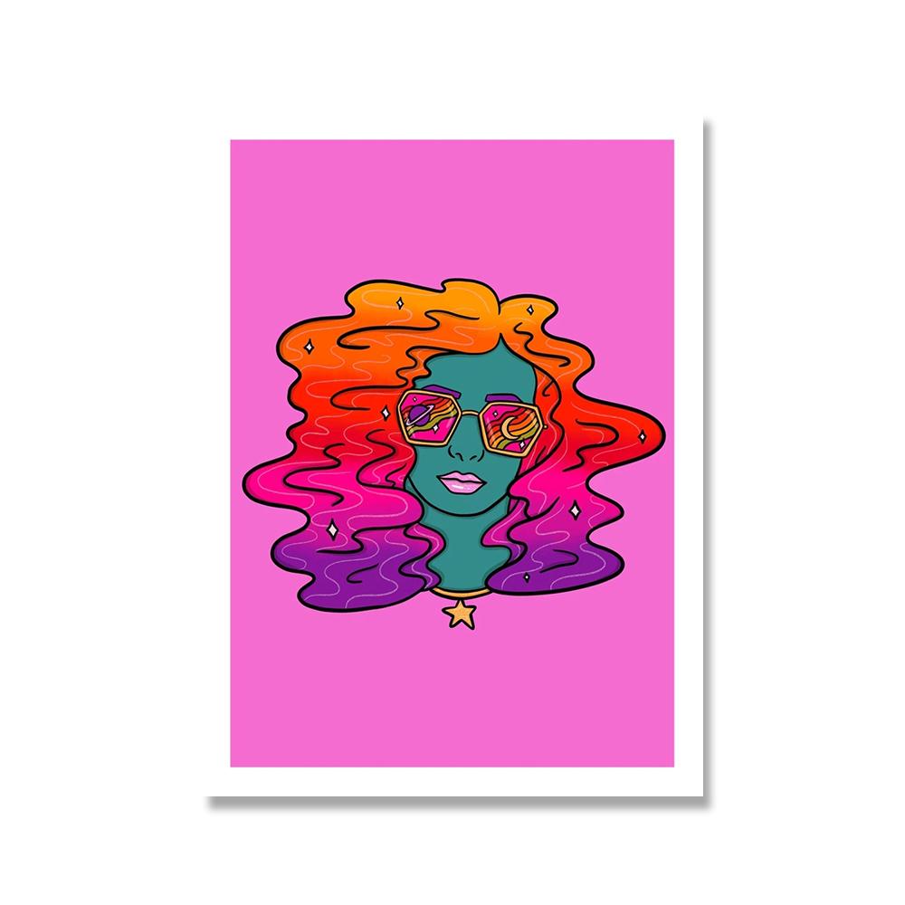 Przytulny abstrakcyjny plakat ścienny sztuka drukuj przyszłość wszechświat marzycielka dziewczyna kaktus różowy pomysł podróż pocztówki płótno malarstwo wystrój domu