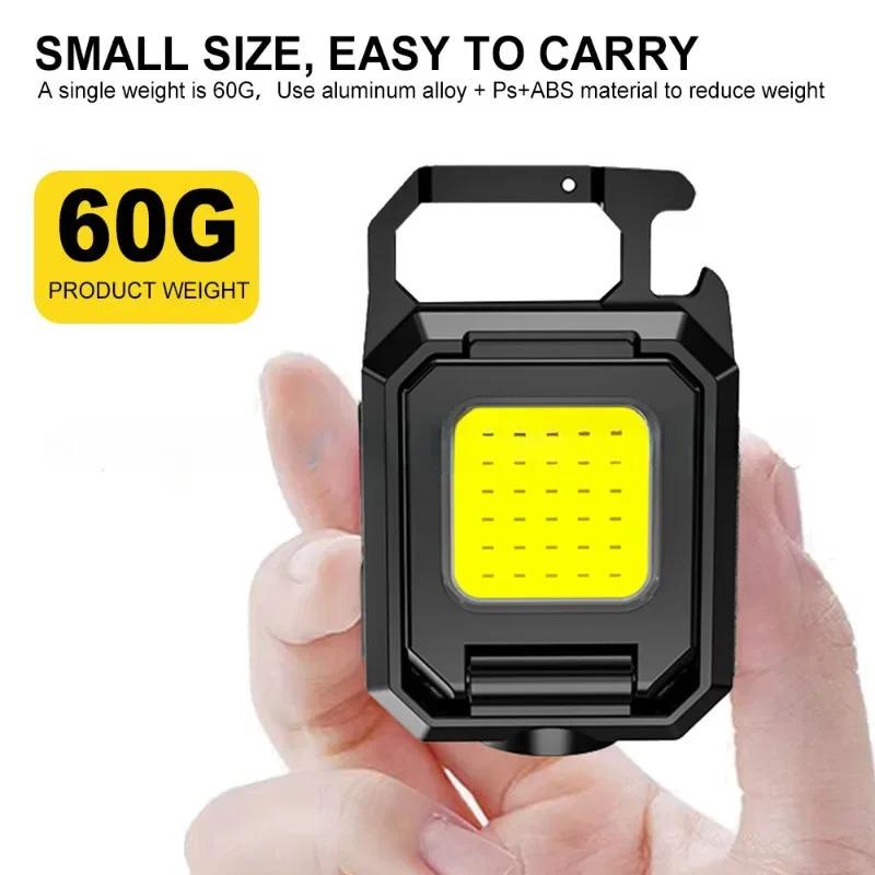 Small LED Flashlight Keychain Light USB Rechargeable Torch Work Light Multifunctional Portable COB 90 ° Rotation Camping Lantern