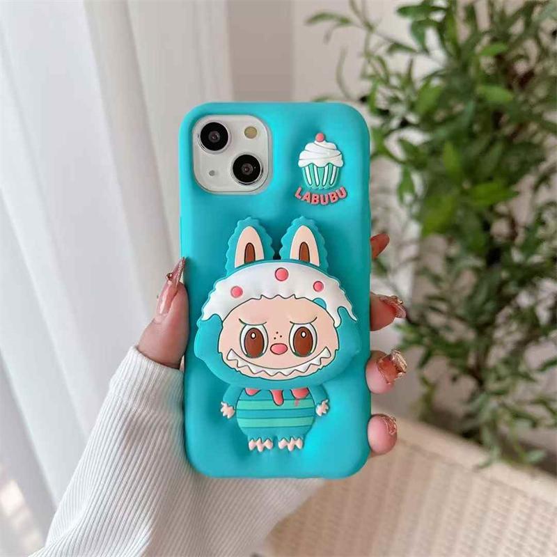 Custodia per telefono 3D carina Labubu con supporto per iPhone 16 15 14 13 12 Pro Max Cover in morbido silicone iPhone 14 blu