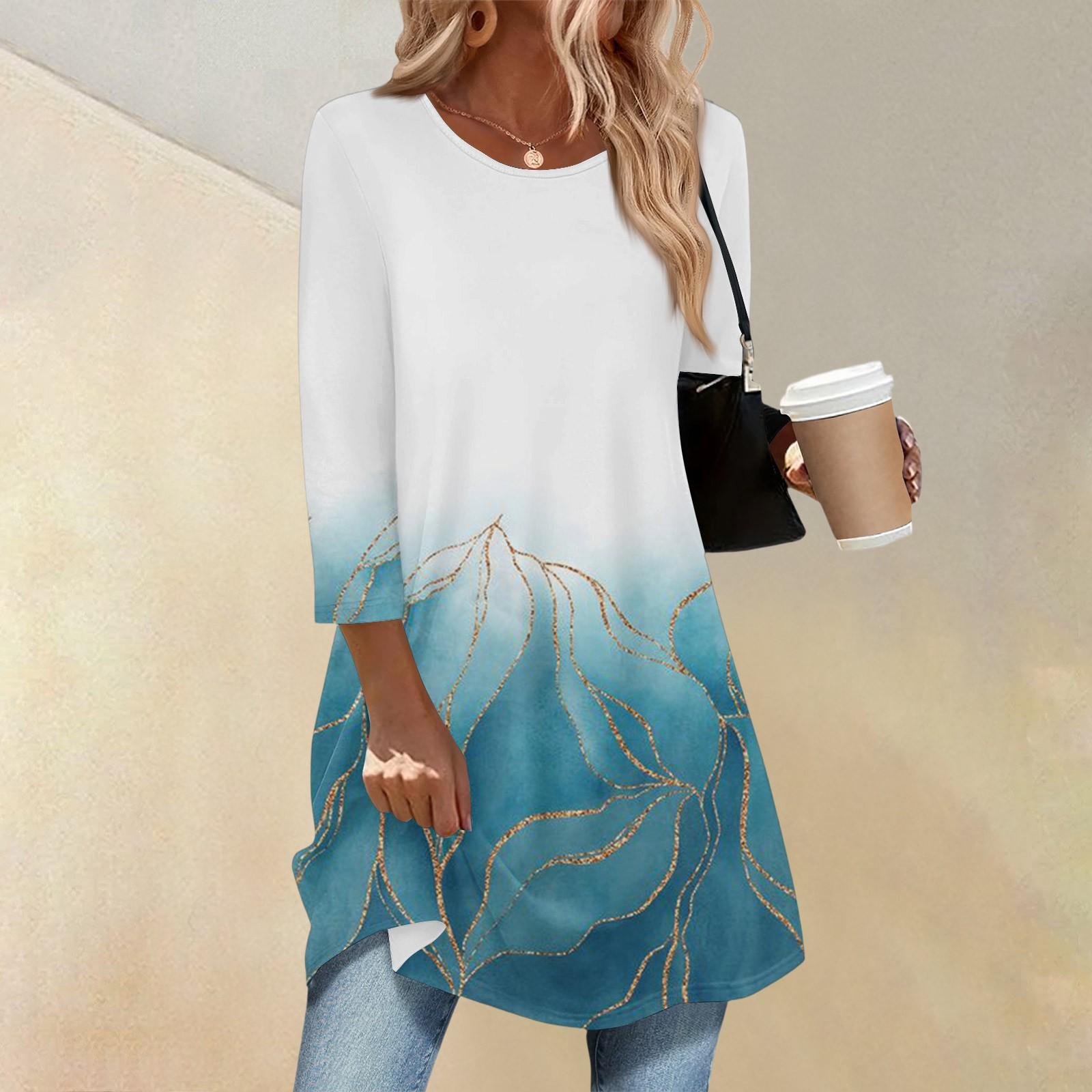 

Женская мода повседневный рукав три четверти длинный цветочный принт круглый вырез топ XL