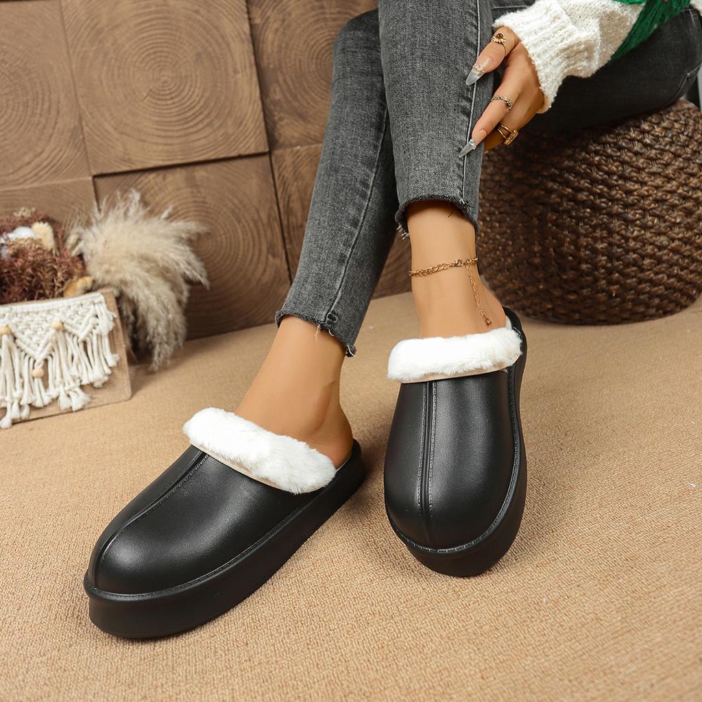 Women's Winter Flat Toe-Cap Home Slippers, Plush Warm and Comfortable Casual Half-Slip Women's Shoes