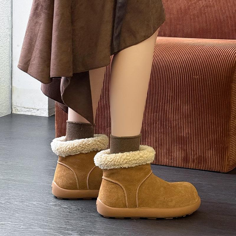 Cowhide Version~ Retro Round Head Ugly Cute Short Boots Women's Velvet Low-top Snow Boots Warm Large Cotton Shoes Thick-soled Fluffy Boots