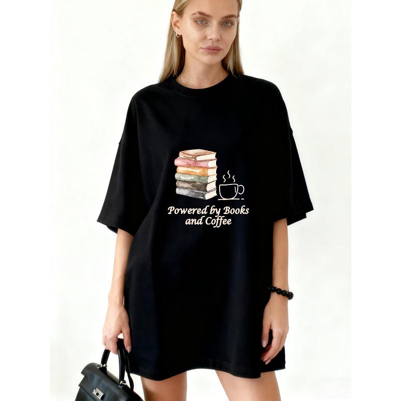 

Oversized T Shirt Black Books And Coffee Print For Reading And Coffee Lovers Casual Wear XXXXL чорний