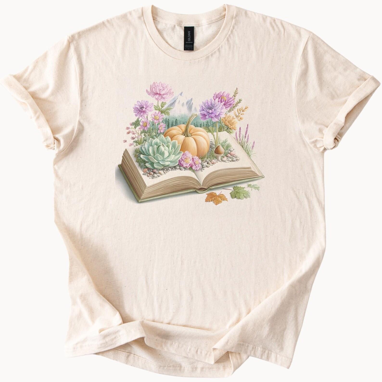 Book Garden Graphic Tee Pumpkin Succulent Floral Shirt Fall Nature Reading Aesthetic Botanical Art TShirt Gift for Book Lovers 130