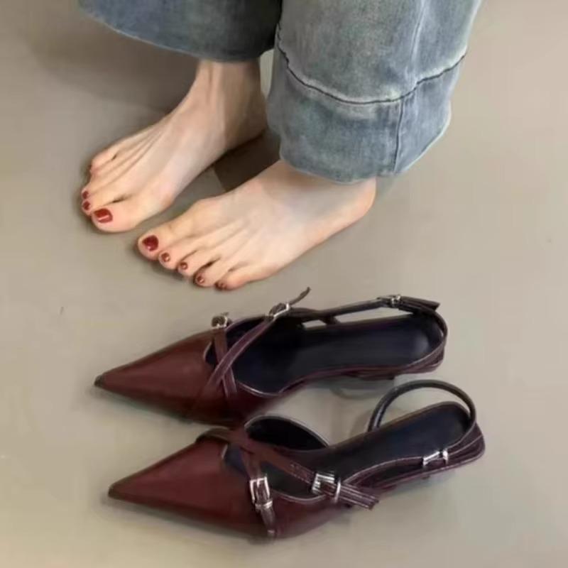 Summer new Baotou sandals women's pointed head shallow mouth metal buckle soft sole anti-slip wear-resistant low heel shoes