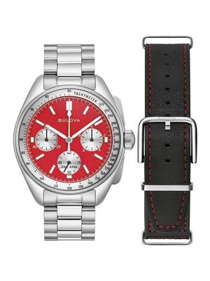 Orologio Bulova Pilot Lunar al Quarzo con Braccialetto Intercambiabile in Acciaio Inossidabile, Braccialetto in Pelle Nera, Braccialetto Rosso, 43,5 mm, Cronografo, Calendario, Cinturino, Cinturino,