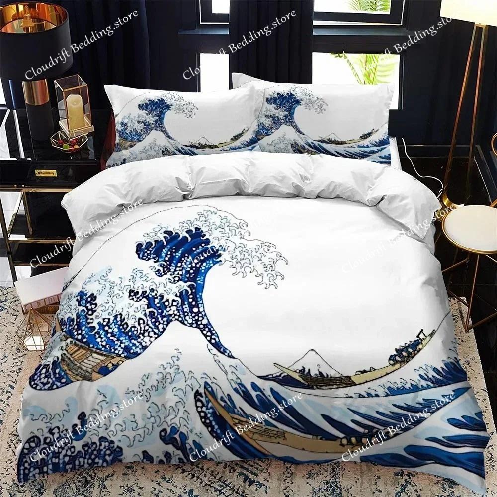 Bettbezug-Set im japanischen Stil, King-Size-Bett, Queen-Size-Bett, Ukiyo-e-Motiv, Wellenmuster, Polyester-Bettwäsche-Set, Fuji-Berg, exotischer Stil