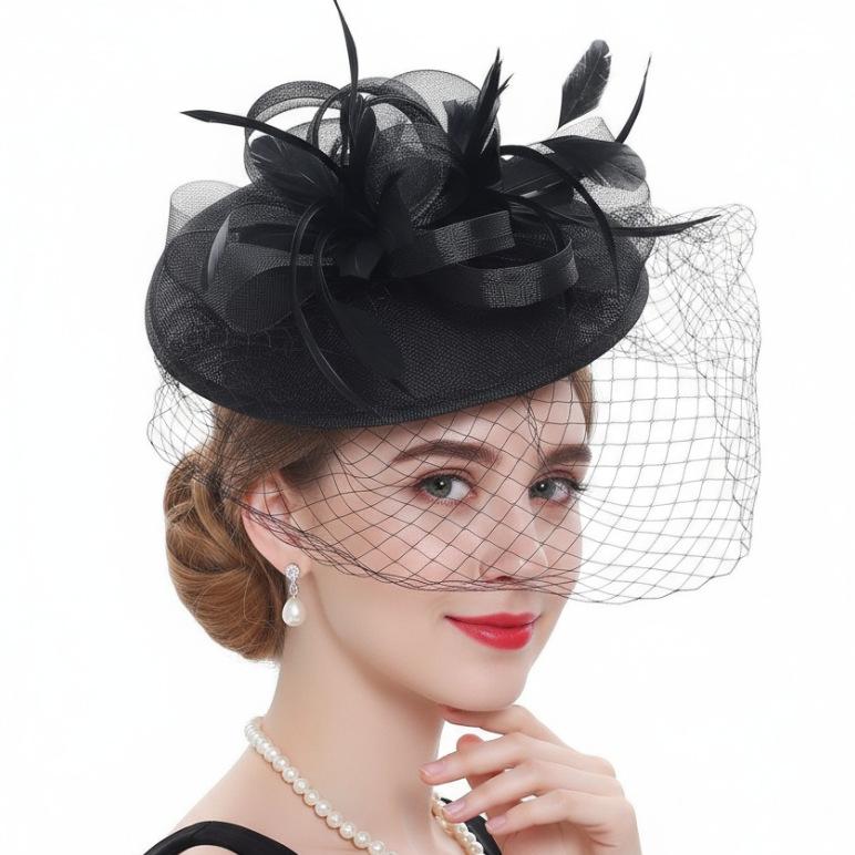 European and American boutique feather flower retro mesh gauze hat bridal headgear fashion hair accessories top hat hemp yarn headgear wholesale