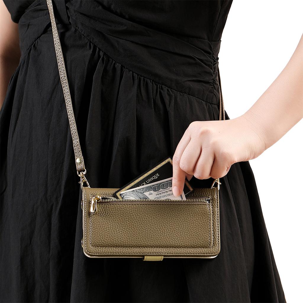 Skórzane etui na telefon dla serii Samsung Galaxy S23-S25 / serii A14-A56 z kieszonką na monety, przegródką na karty, lusterkiem i podstawką – wiele kolorów