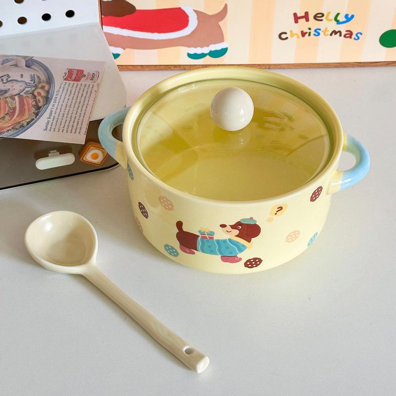 Ins süßer Wurstwelpe Keramik Instant-Nudel-Schüssel mit Deckel binaurale Schneckenpulver-Schüssel Geburtstagsgeschenk für Mädchen Souvenir