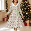 Rochie Midi cu Imprimeu de Crăciun pentru Femei, Mânecă Lungă, Decolteu în V, Margine Blănoasă, Croială A-Line, Rochie de Petrecere, Ediție Limitată de Crăciun