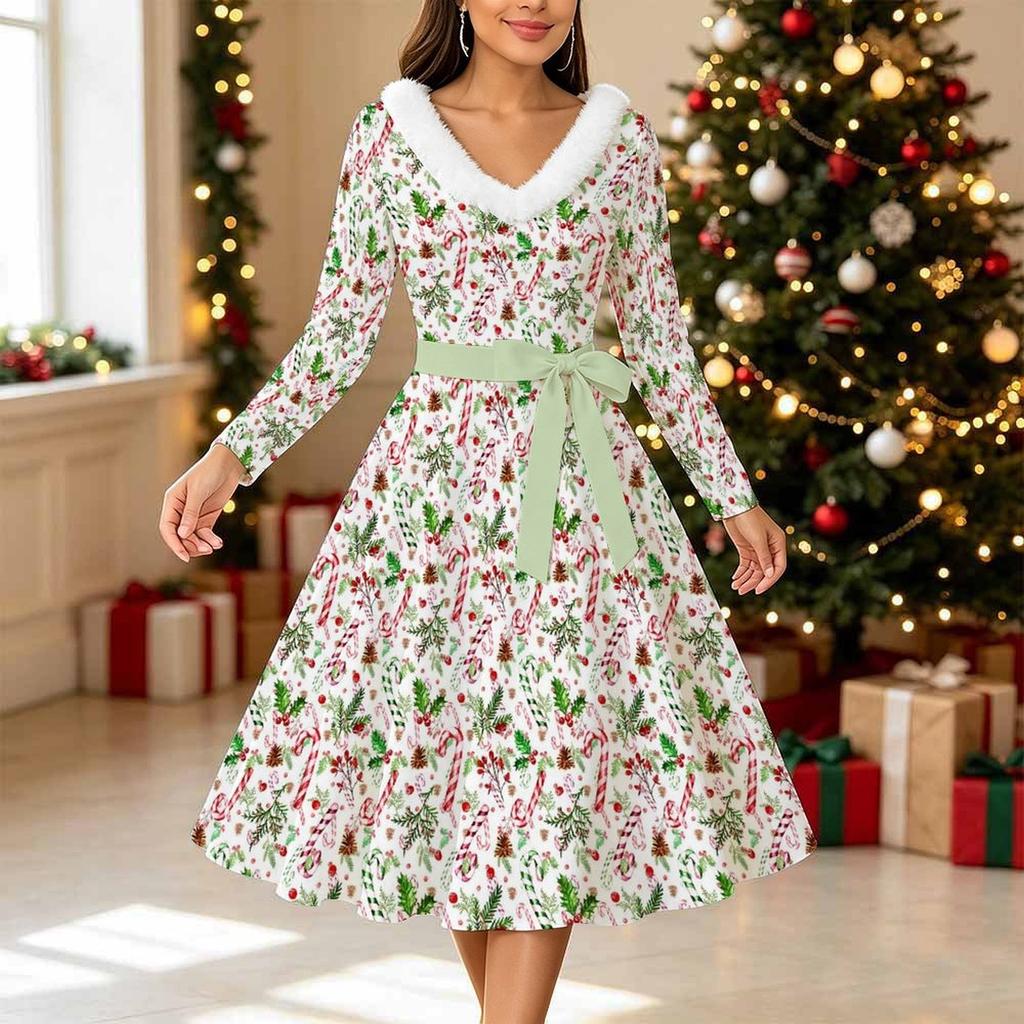 Rochie Midi cu Imprimeu de Crăciun pentru Femei, Mânecă Lungă, Decolteu în V, Margine Blănoasă, Croială A-Line, Rochie de Petrecere, Ediție Limitată de Crăciun