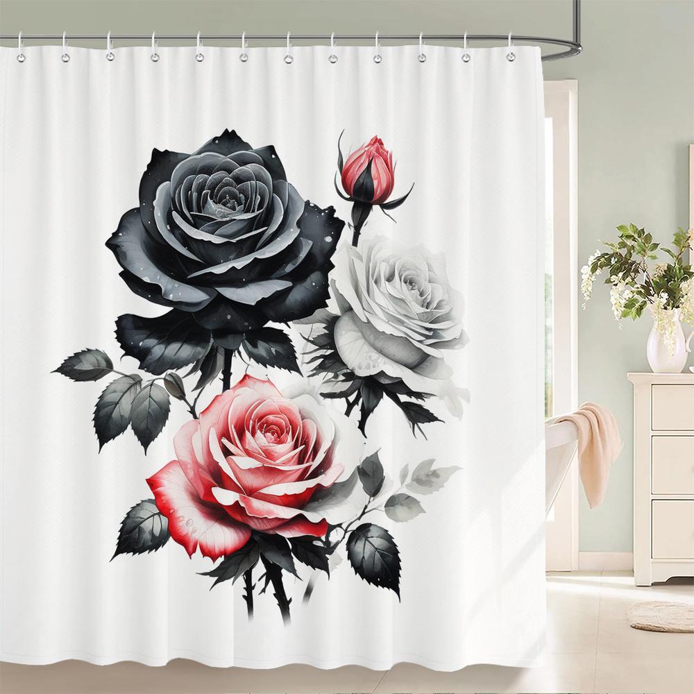 

1 шт. элегантная водонепроницаемая шторка для душа из ткани с принтом розы, романтичное и модное украшение для ванной комнаты с розами, с крючками W90xH180cm