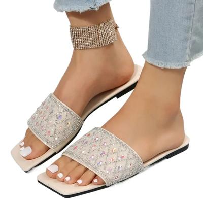2024 Summer Fashion New Sexy Casual Comfortable Solid Color Crystal Sandals Square Toe Flat Heel Slippers Large Size 35-43