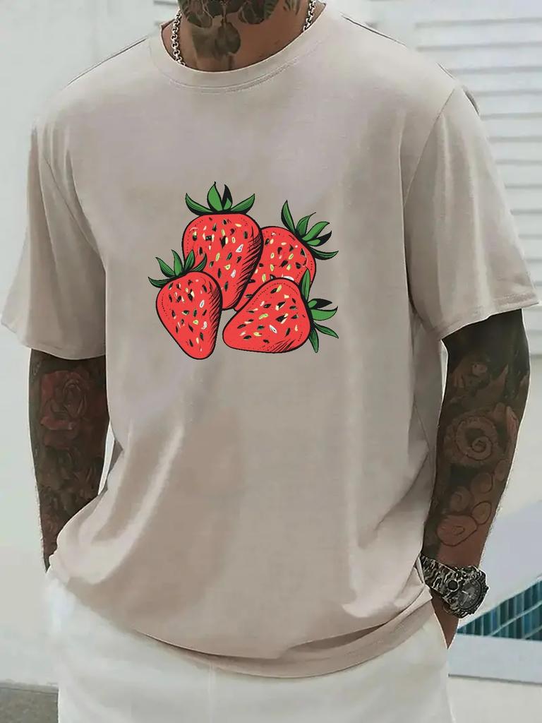Strawberries Print Graphic Tee Men Casual Short Sleeve Crewneck Cotton Summer TShirt