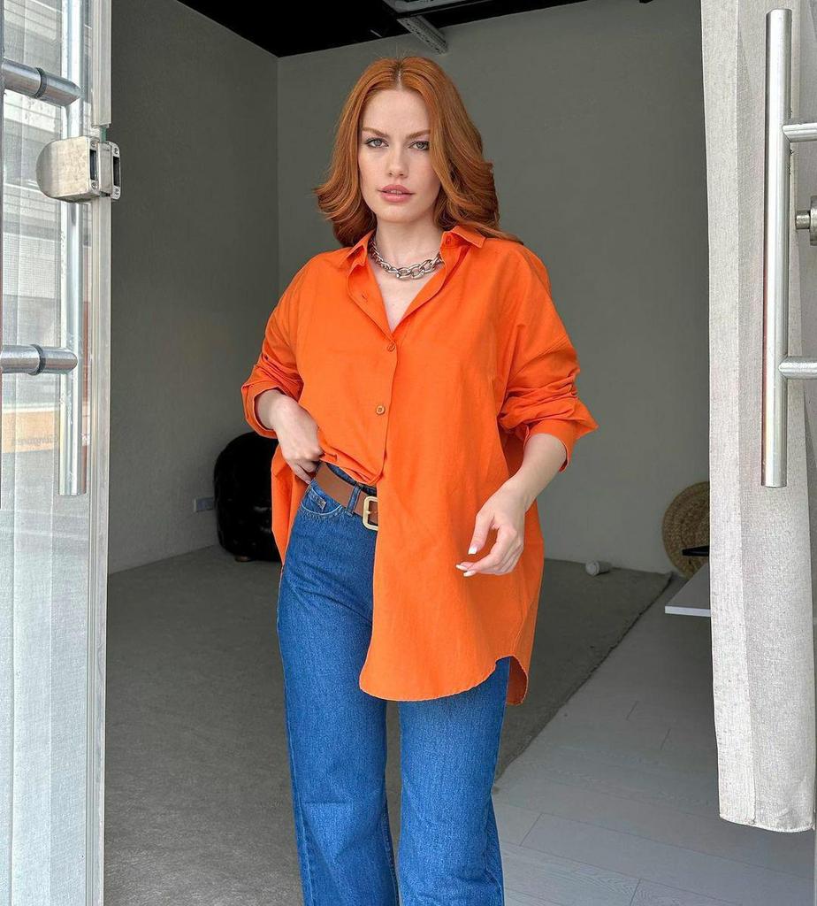 European and American Women's Solid Color Long-Sleeve Back Slit Loose Shirt - Autumn 2023 Fashion.