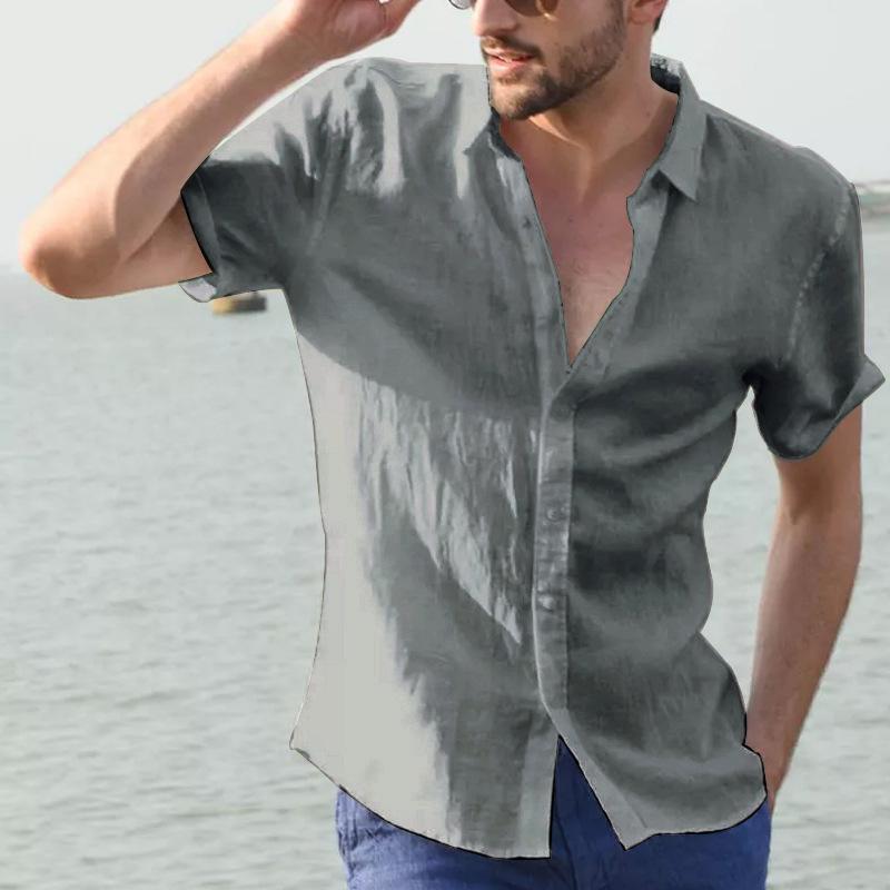Fashion Comfortable Summer Solid Color Men's Casual Resort Short Sleeve Shirt Breathable Party Beach Style Line Linen