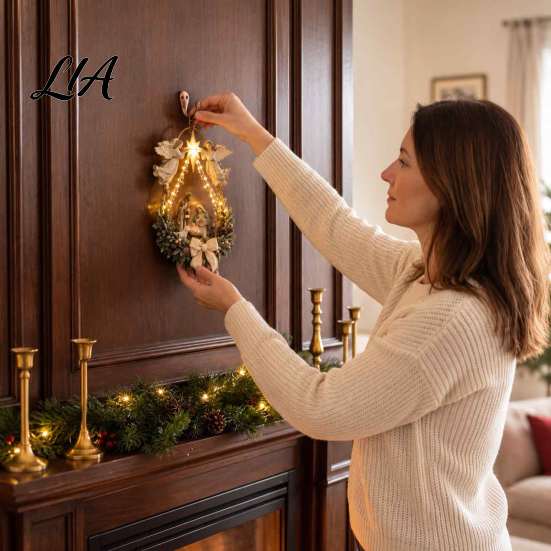 Christmas Star Gift for Family Lighted Nativity Door Swag, Bethlehem of Faith Wall Decor, Light-up Holy Indoor Festive Wreath Hanging Decoration Front