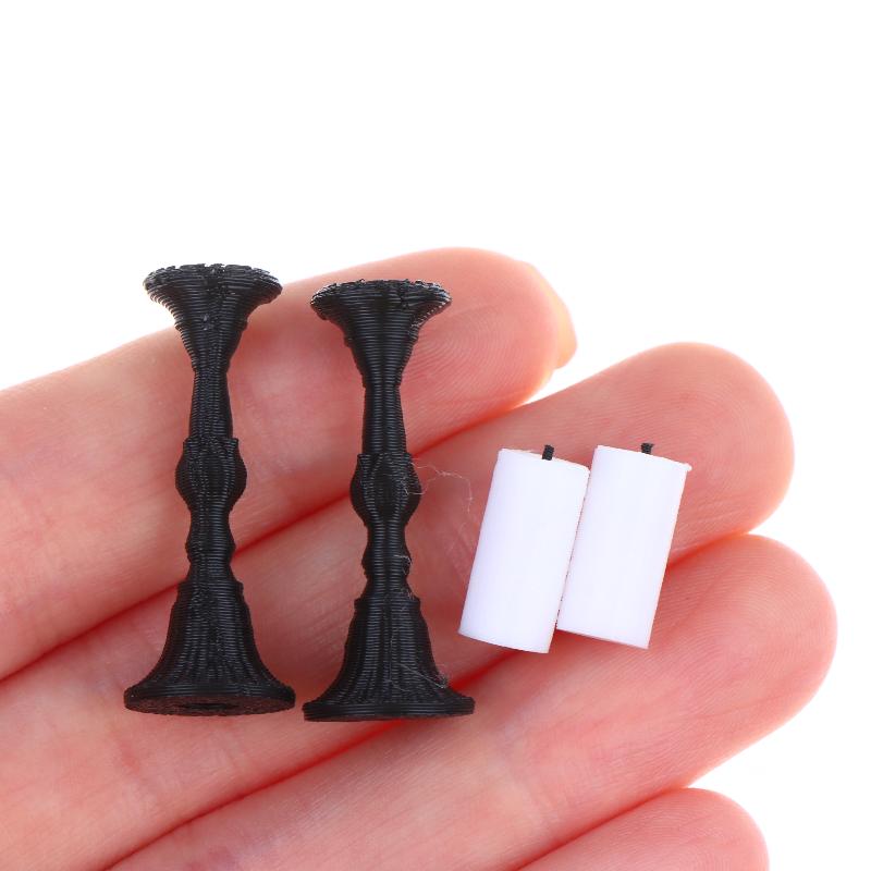 2Pcs Miniature Retro Candle Holder Set With 2 Candles Dollhouse Simulation Candlestick Model Dolls House Mini Scene Decoration