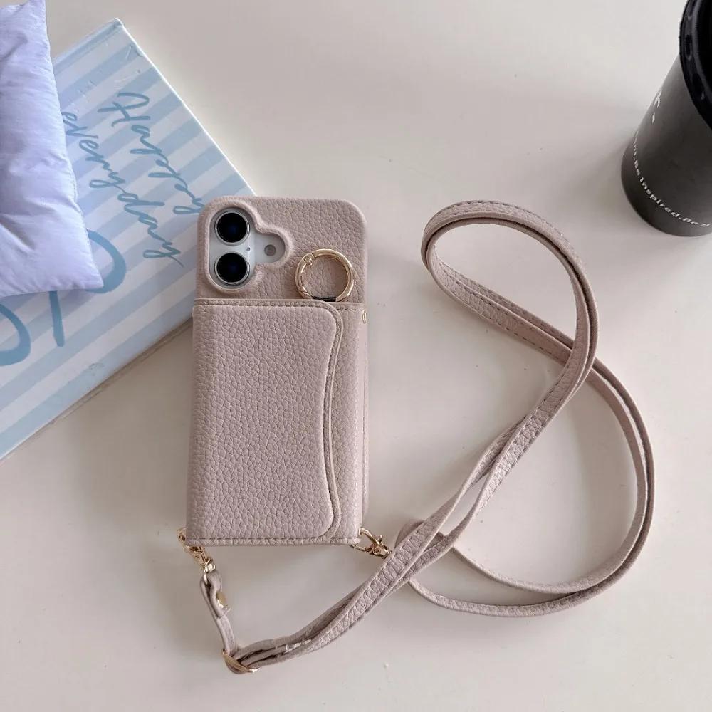 Wallet Card Holder Slot Phone Case for IPhone 16E 16 15 14 Pro 13 12 Mini 11ProMax Ring Crossbody PU Leather Anti-fall Cover