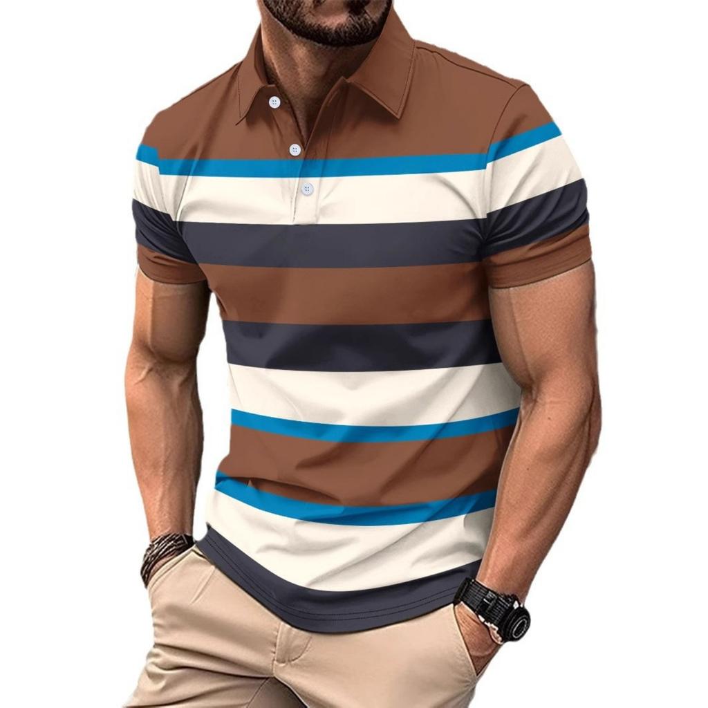 Fashion Men's Casual Polo Shirt V-neck Button Down Business Striped Versatile T-shirt Tops