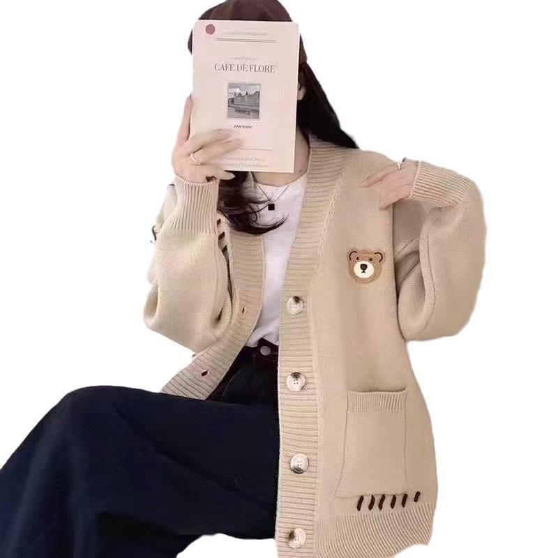 Cute bear sweater cardigan women's new coat spring and autumn loose lazy wind knitted top