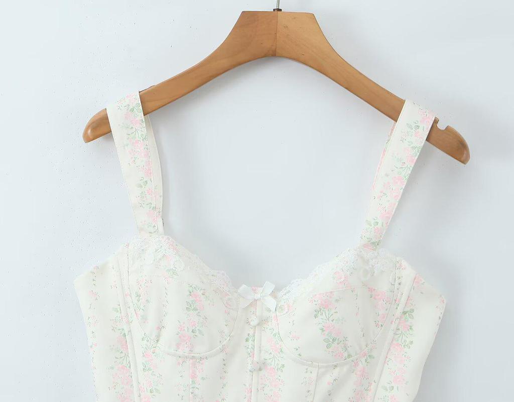 Traje Francés Dulce Floral 2026: Camisola con cordones y Falda de cintura alta
