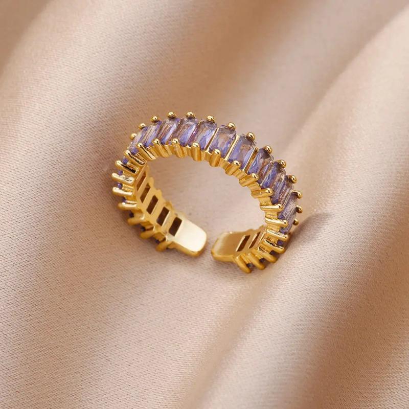 Vintage Light Luxury Gold Stainless Steel Cubic Color Square Zircon Ring Crystal Ring