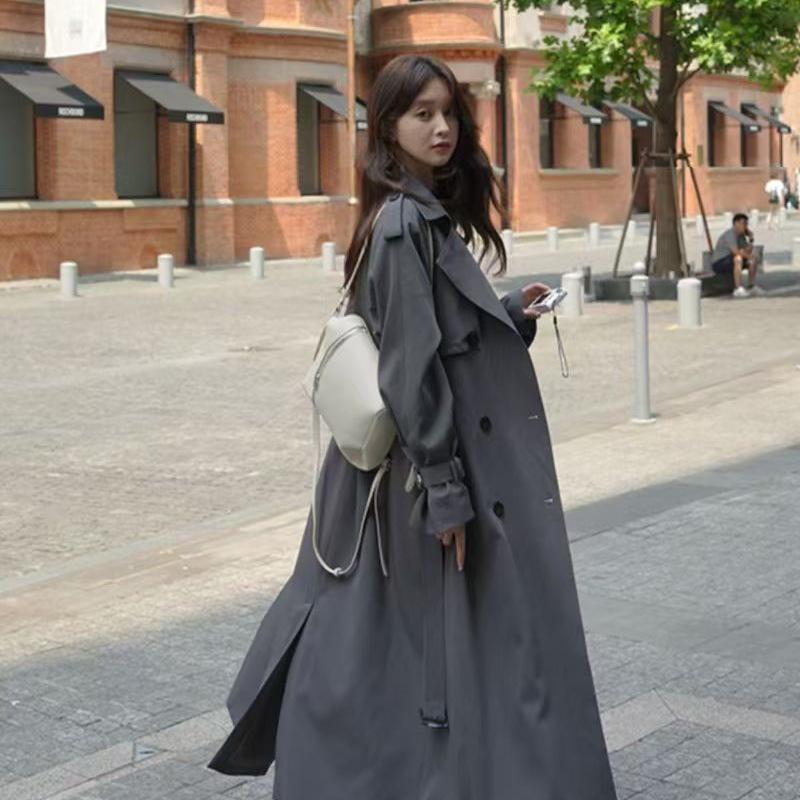 Women's Extra Long Grey Trench Coat, Spring/Autumn 2025, Ankle-Length Casual Outerwear
