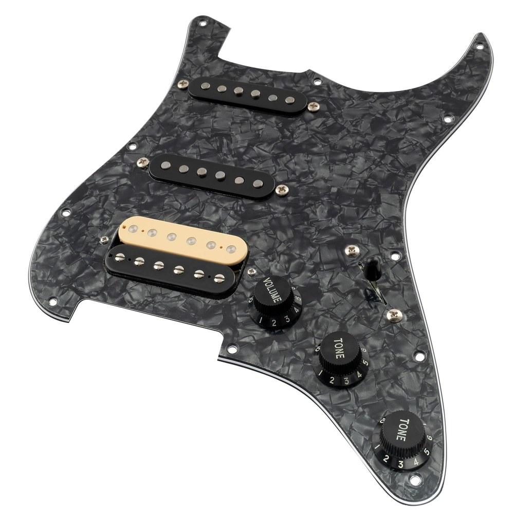 Musiclily Pro SSH Strat Wiring Pre-assembled Pickguard with Artec Alnico 5 Pickups Black Pearl 4P for ST Stratocaster Electric Guitar