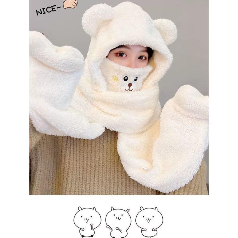 

Шапка с медведем, зимняя шапка-комбинезон, теплая зимняя милая шапка-шарф, интегрированная белый