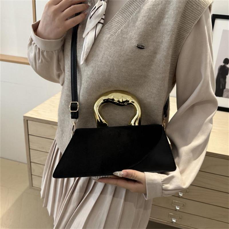 Luxury Velvet & Leather Handbag with Gold Sculptural Handle Chic Mini Crossbody Purse for Women Daily Gathering Formal Occasions