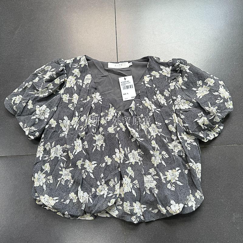 

Yanzi Foreign Trade Original Order AST @ Chun Pure Original Heart Collar Puff Sleeves Bud Chiffon Tops High Waist Chiffon Shirt Grey Flower Tops XL
