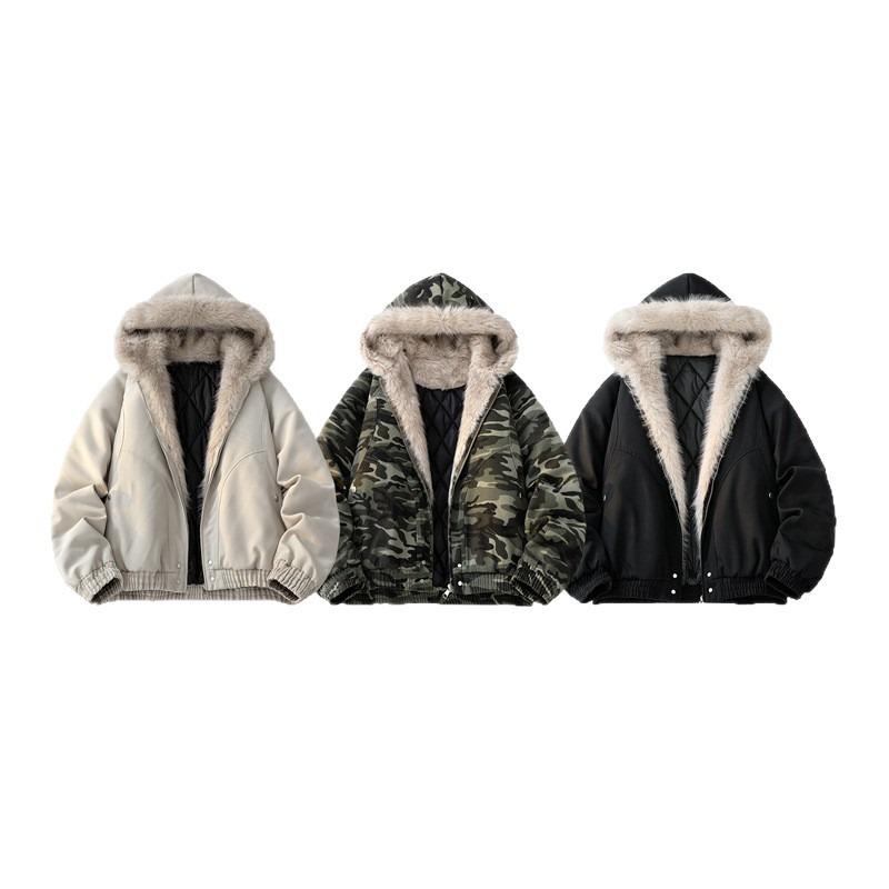 Men's Retro Fleece-Lined Faux Fur Collar Jacket Autumn Winter Loose Fit Sports Hooded Parka Padded Jacket