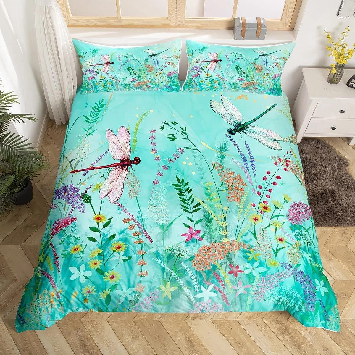 

Dragonfly Lover Bedding Set Green Duvet Cover Modern Bed Cover Home Decor Single Double Queen King Full Size Beds Baby 100x135cm