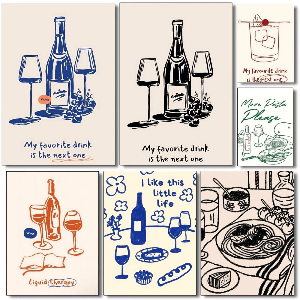 1PC Abstract Art Wine Glass Pizza Poster Self-adhesive Art Waterproof Paper Sticker Coffee House Bar Room Wall Decor