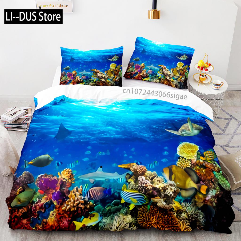 Fish Bedding Set Single Twin Full Queen King Size Marine life Bed Set Aldult Kid Bedroom Duvetcover Sets 3D Anime Kawaii 013