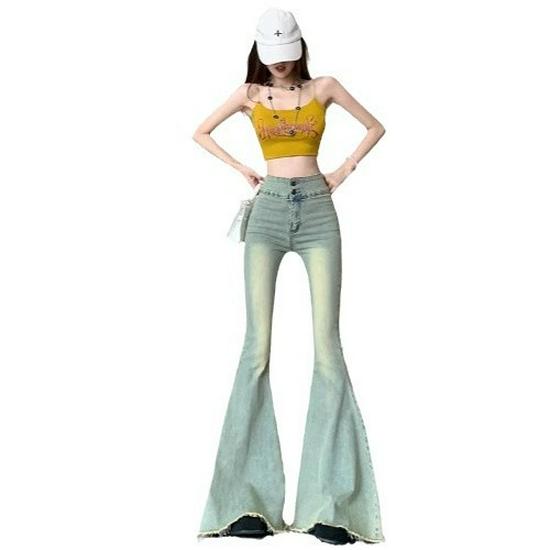 2024 Dam Retro Hög Midja Fishtail Flare Jeans - Smalande Elastiska Vida Ben Golvlånga Byxor