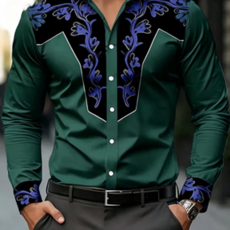 Men's shirt long sleeved printed shirt European and American business lapel