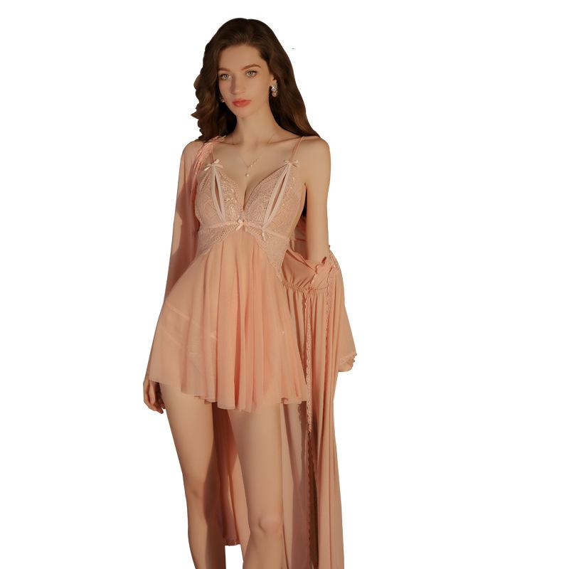 Women's Lace Sheer Mesh Deep V Low Cut Sleep Dress with Robe Lingerie Set