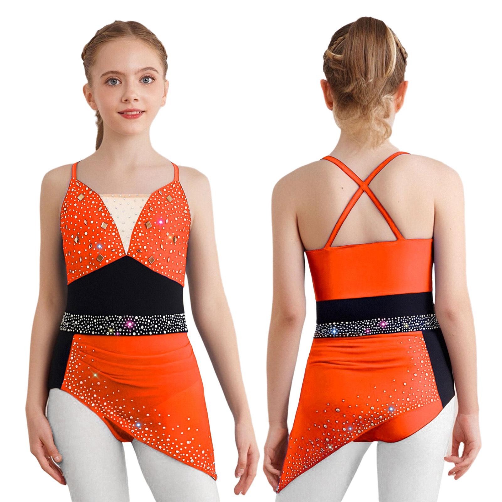 

Cross Back Spaghetti Straps Girls Dance Dress Color Block Sparkly Rhinestones for Figure Skating 11-12 Years фарби люмінесцентні помаранчевий колір